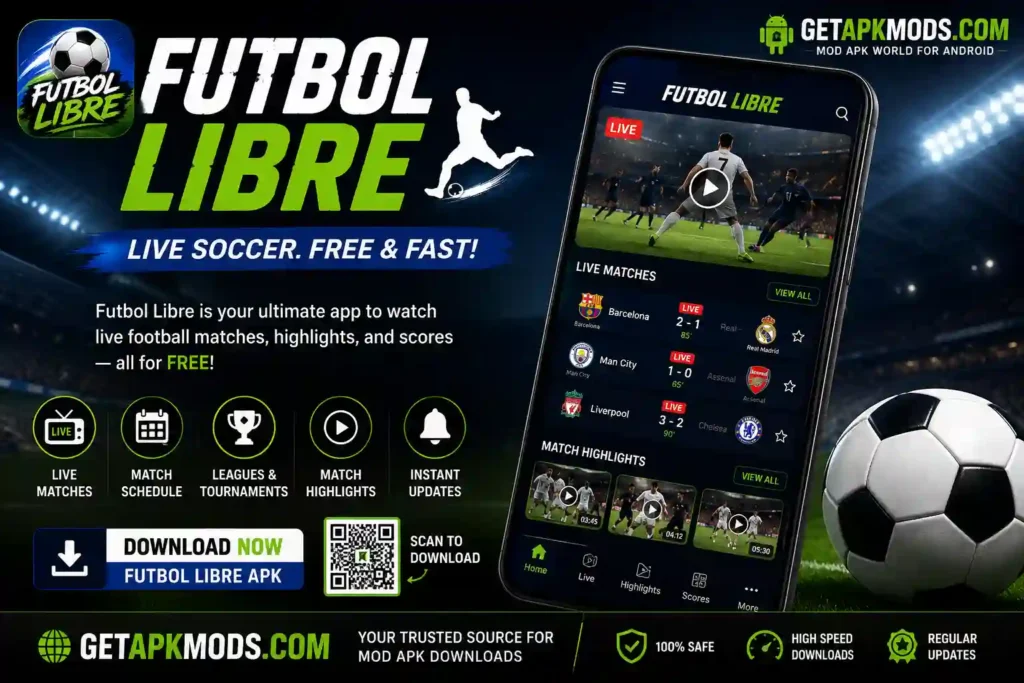 Futbol Libre APK promotional banner showing live football matches, match schedules, highlights, scores, and GetAPKMods.com branding.