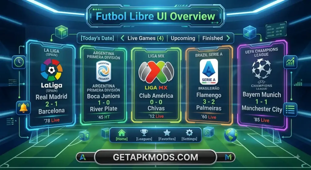 Infographic displaying the Futbol Libre user interface, featuring live scores, match tabs, navigation controls, and GETAPKMODS.COM branding.