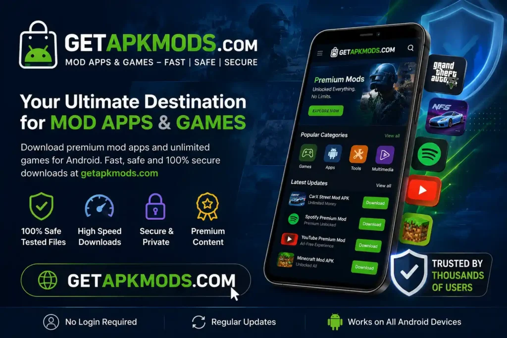 GETAPKMODS.com promotional banner featuring a smartphone displaying mod apps and games, with fast, secure download messaging and gaming icons.