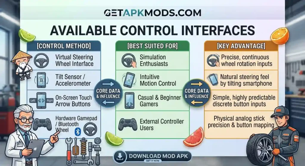 A detailed infographic for a racing or driving simulation game listing the available control interfaces. The diagram compares four methods: Virtual Steering Wheel, Tilt Sensor, On-Screen Touch, and Hardware Gamepad. It breaks down each method by "CONTROL METHOD" (with icons), "BEST SUITED FOR" (target audience), and "KEY ADVANTAGE." The infographic features a high-tech workshop background, character illustrations (a sensei, a scientist, and a mechanic), and clear text with flow arrows. A download button is shown at the bottom.