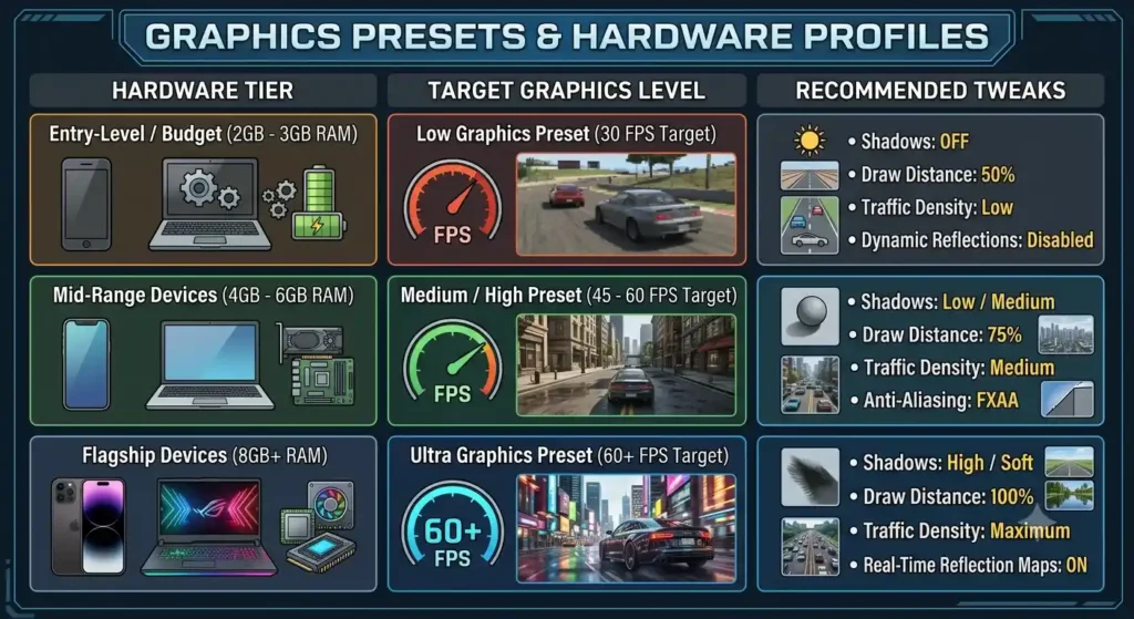 An infographic titled 'GRAPHICS PRESETS & HARDWARE PROFILES' comparing graphics settings for Entry-Level, Mid-Range, and Flagship devices. It lists recommended tweaks for shadows, draw distance, traffic density, and reflections, corresponding to RAM capacity and target FPS with illustrating icons and example gaming screenshots.