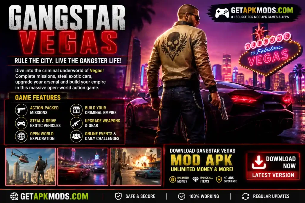 Gangstar Vegas MOD APK promotional banner showing a gangster, sports car, Las Vegas skyline, game features, unlimited money, and GetAPKMods.com branding.