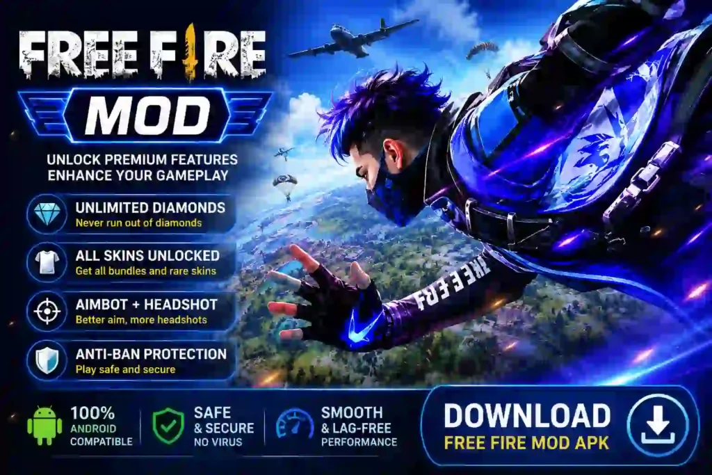 Promotional banner of Garena Free Fire MOD APK showing a battle royale character, unlocked premium features, Android compatibility, and download button.