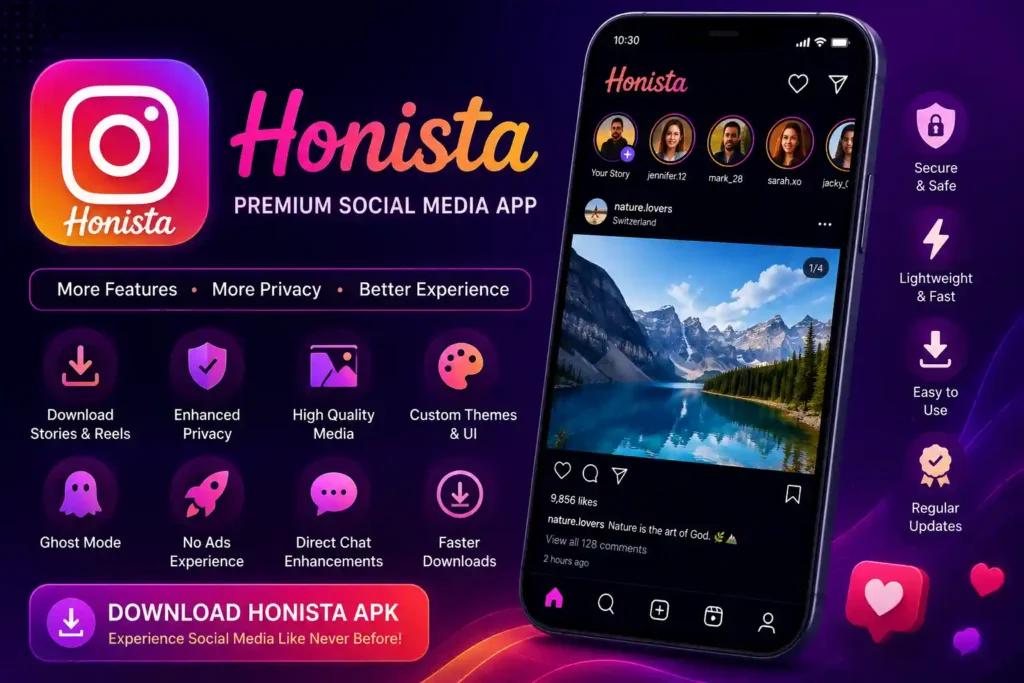 Promotional Honista app banner featuring a smartphone displaying the app interface with premium social media features, privacy tools, and customization options on a vibrant gradient background.