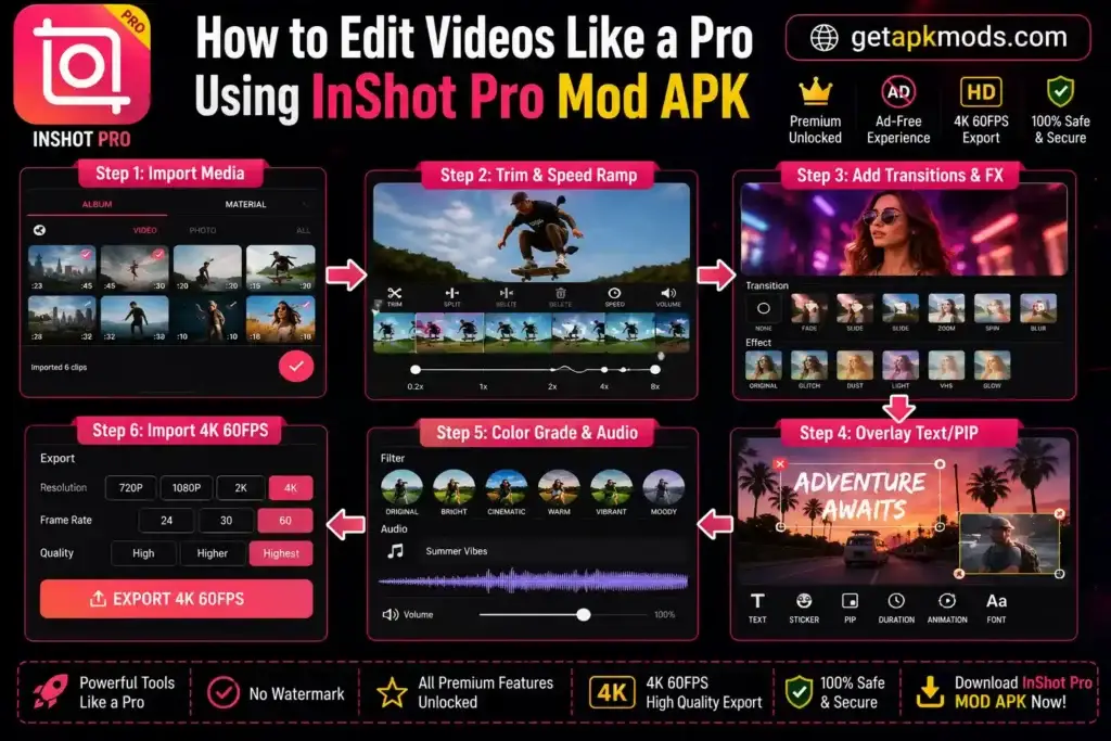 InShot Pro MOD APK video editing workflow showing importing media, trimming clips, transitions, overlays, audio editing, color adjustment, and exporting.