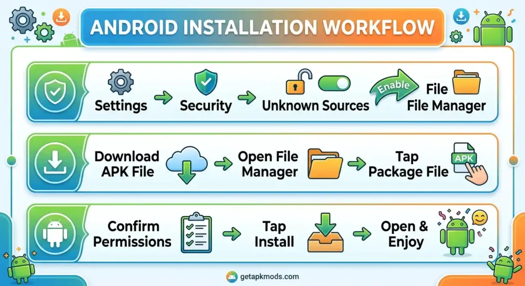Step-by-step process flow chart for installing APK files on an Android device from getapkmods.com.