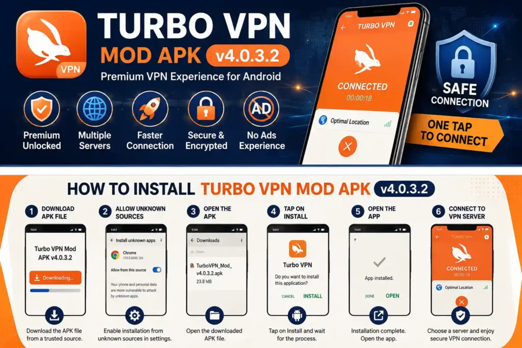 Infographic Installation guide of Turbo VPN Mod APK