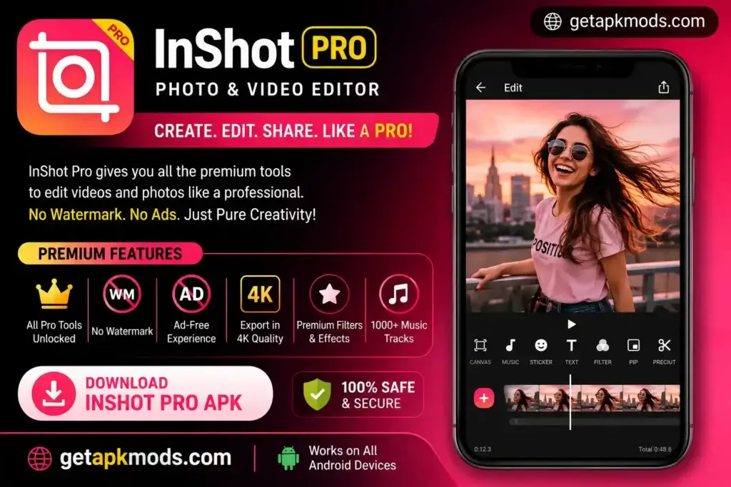 InShot Pro APK promotional image showing premium video editing tools, 4K export, no watermark, ad-free editing, and GetAPKMods branding.