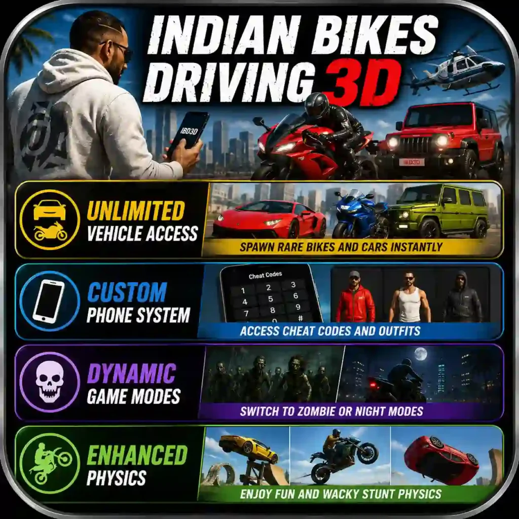 Feature infographic for Indian Bikes Driving 3D APK highlighting unlimited vehicle access, custom phone system, dynamic game modes, enhanced stunt physics, and open-world gameplay.