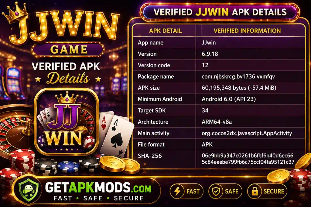 JJWin APK verified details infographic showing version 6.9.18, Android 6.0 support, ARM64-v8a architecture, APK size, package name, SHA-256, and GetAPKMods.com branding in a casino-style design.