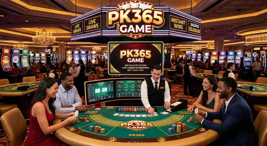 A vibrant, high-end casino floor with players gathered around a green felt card table labeled PK365 Game. A dealer in a vest and tie deals cards while smiling players hold hand cards surrounded by stackable chips. A massive overhead marquee neon sign displays "PK365 GAME" along with live draw times and jackpot trackers.