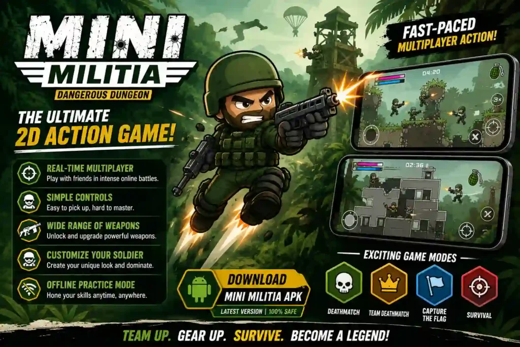 Promotional banner for Mini Militia APK featuring an action-packed cartoon soldier, multiplayer gameplay screenshots, weapons, game modes, and a jungle battlefield theme.