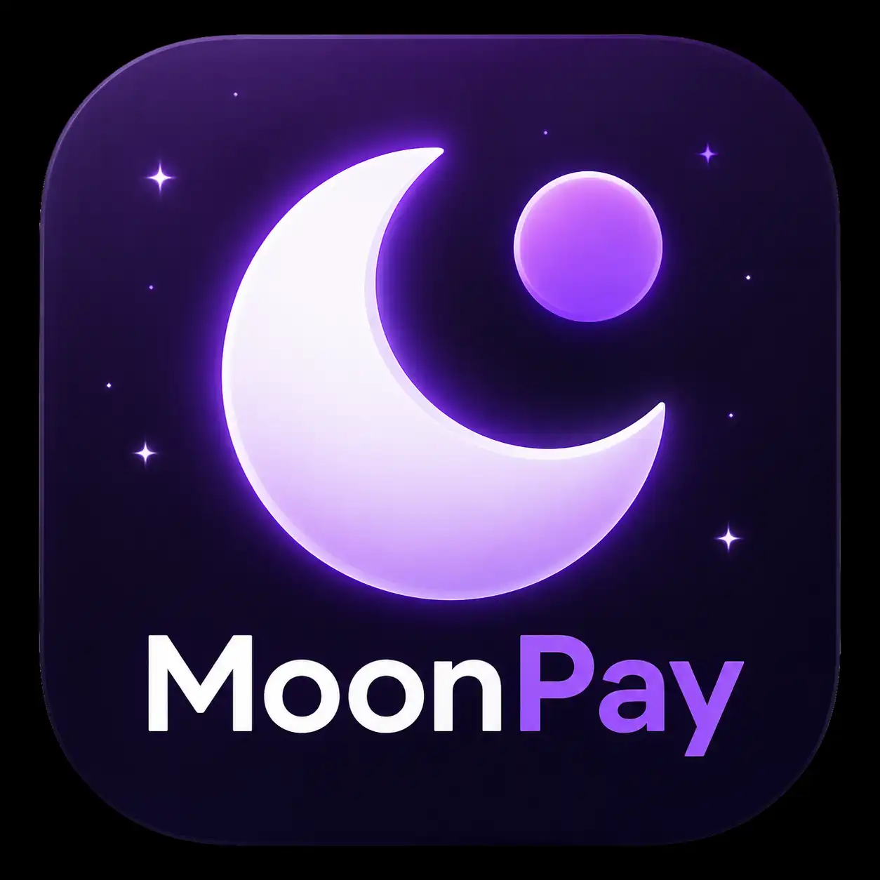 Modern MoonPay app icon featuring a glowing crescent moon and purple space-themed design on a dark background.