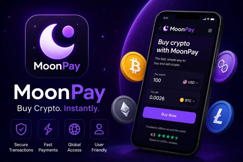 Promotional MoonPay banner showing a smartphone with the crypto payment app interface, surrounded by digital coins on a futuristic purple space-themed background.