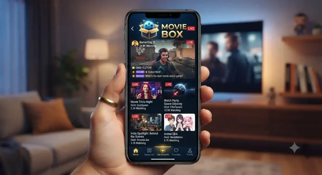 A person holding a smartphone displaying the Movie Box live streaming application interface featuring live broadcasts and interactive video feeds in a modern living room setting.