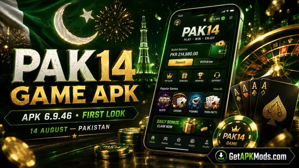 PAK14 Game APK featured image with a luxury emerald-and-gold gaming interface on a smartphone, casino-style chips and playing cards, Pakistani flag, crescent and star, Minar-e-Pakistan, fireworks, and GetAPKMods.com branding.