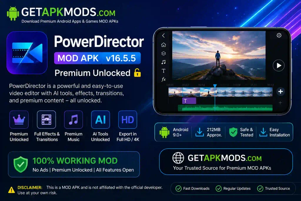 PowerDirector MOD APK v16.5.5 promotional banner featuring video editing tools, premium features, and GetAPKMods.com branding