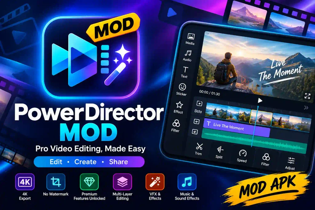 PowerDirector MOD promotional image featuring a video editing interface, timeline, effects, film strips, and MOD APK branding