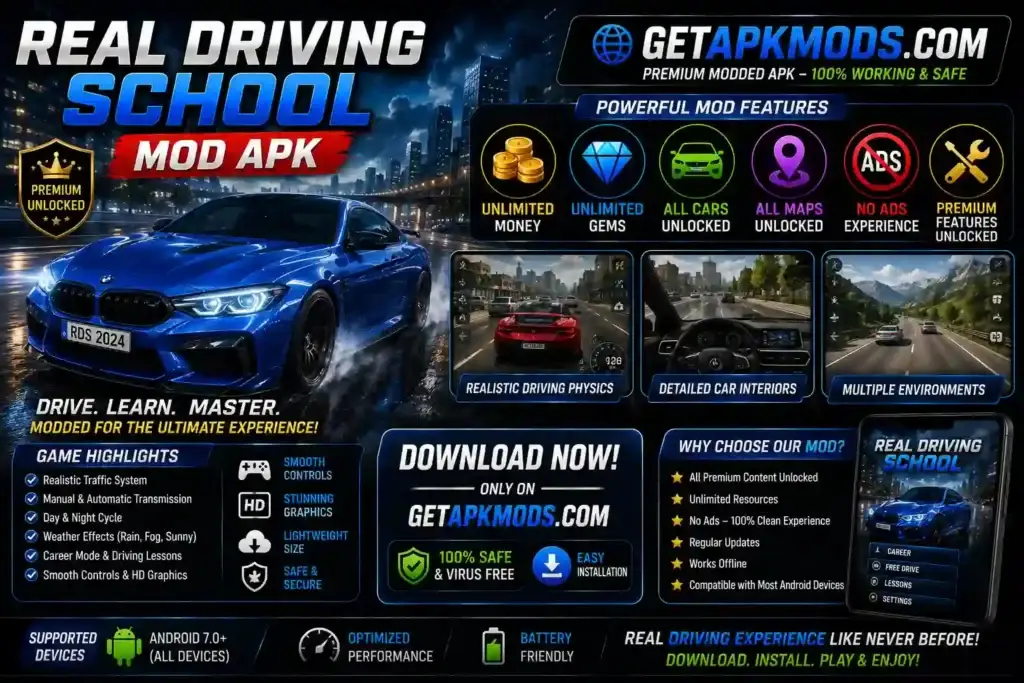 Real Driving School MOD APK promotional image showing a blue sports car, unlimited money and gems, unlocked cars and maps, realistic traffic, driving lessons, weather effects, detailed interiors, career mode, no ads, and GETAPKMODS.COM.