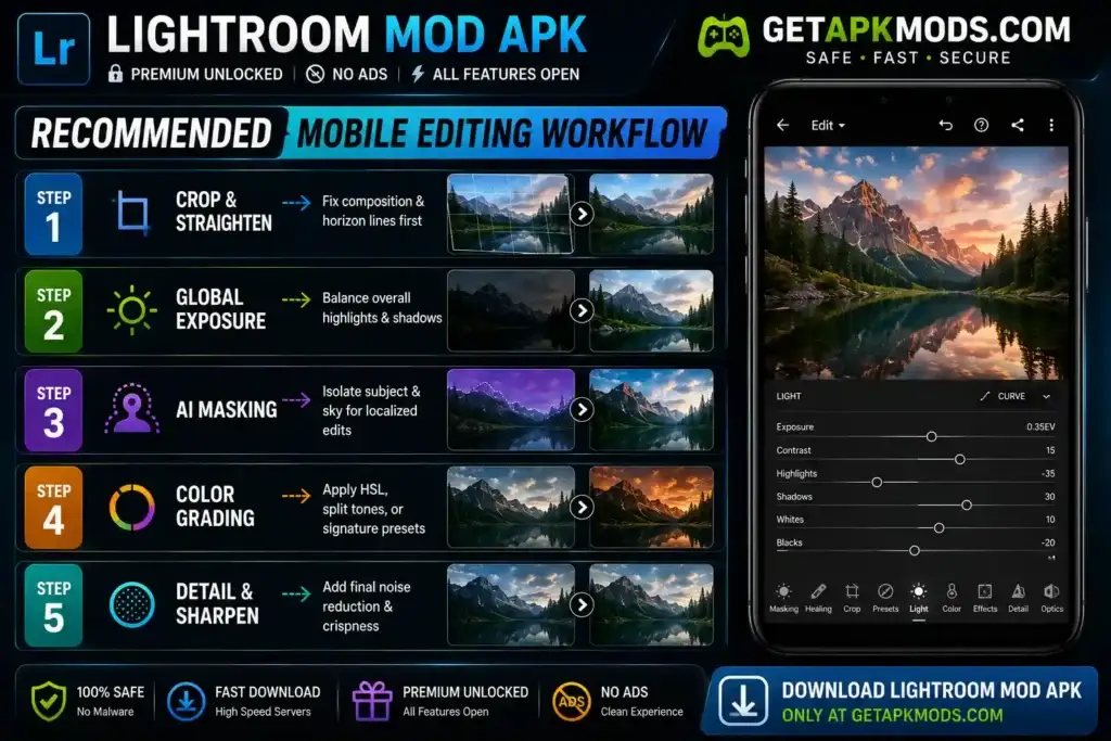 Infographic by GetAPKMods.com showing the recommended Lightroom Mod APK mobile editing workflow, including Crop & Straighten, Global Exposure, AI Masking, Color Grading, and Detail & Sharpen for professional-quality photo editing on Android.