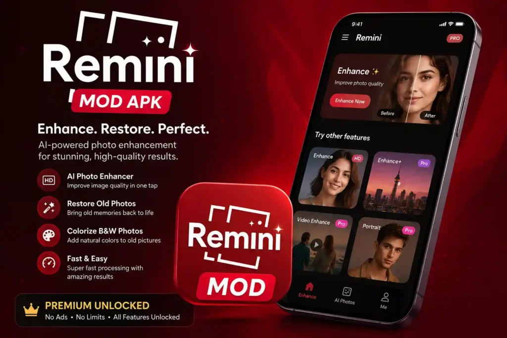 Remini Mod APK showing AI photo enhancement, old photo restoration, premium tools, and an Android smartphone interface.