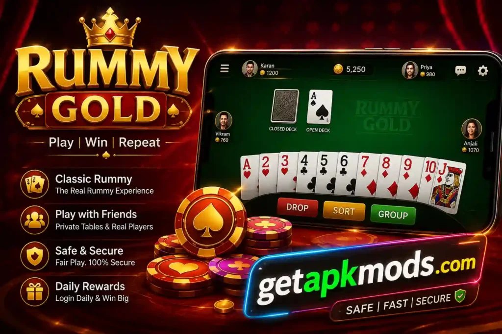 Rummy Gold game promotional banner featuring playing cards, poker chips, mobile gameplay, and GetAPKMods.com branding