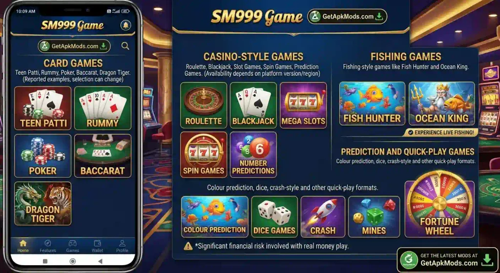 A mobile app interface displaying a comprehensive game catalog for SM999 Game with a luxurious casino background. The phone screen on the left shows a 'Card Games' section with graphics for Teen Patti, Rummy, Poker, Baccarat, and Dragon Tiger. The larger UI breakdown on the right highlights diverse game categories: 'Casino-Style Games' with icons for Roulette, Blackjack, and Slots; 'Fishing Games' with Fish Hunter and Ocean King; and 'Prediction and Quick-Play Games' featuring Colour Prediction, Dice, Crash, and a Fortune Wheel. A warning message about financial risk is included, and GetApkMods.com branding is prominently placed at the top and bottom.