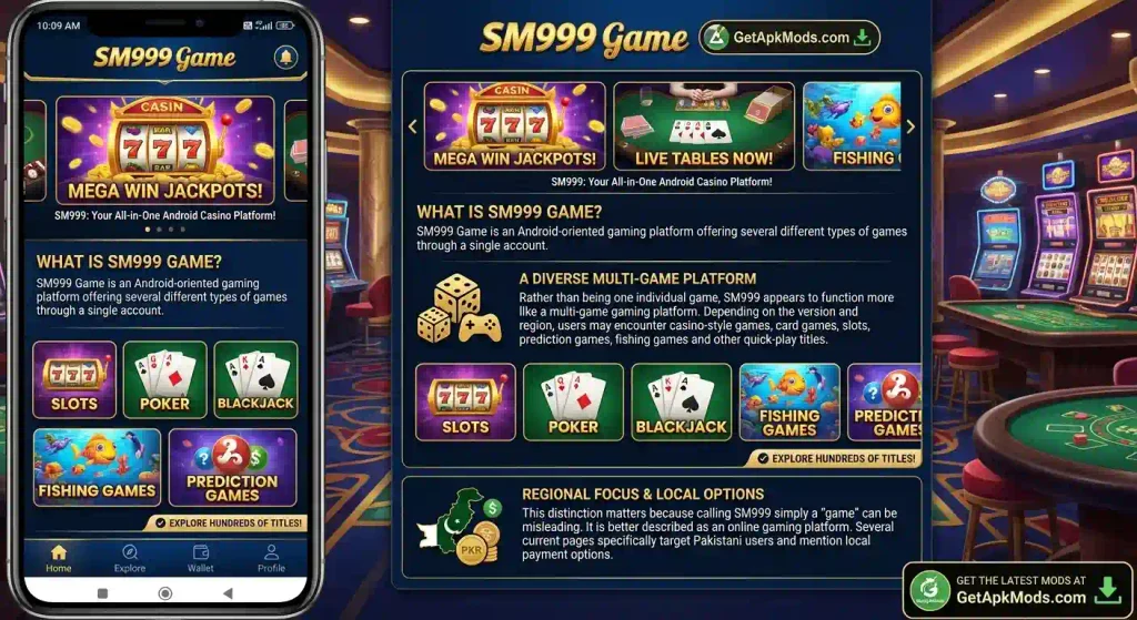 Mobile phone screenshot displaying the SM999 Game multi-gaming platform dashboard with casino slot, poker, blackjack, and fishing game options, featuring GetApkMods.com branding.