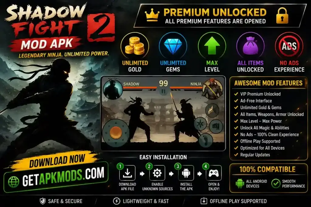 Shadow Fight 2 MOD APK promotional poster featuring a ninja warrior, combat gameplay, premium unlocked features, unlimited gold and gems, max level, unlocked items, no ads, and GETAPKMODS.COM.
