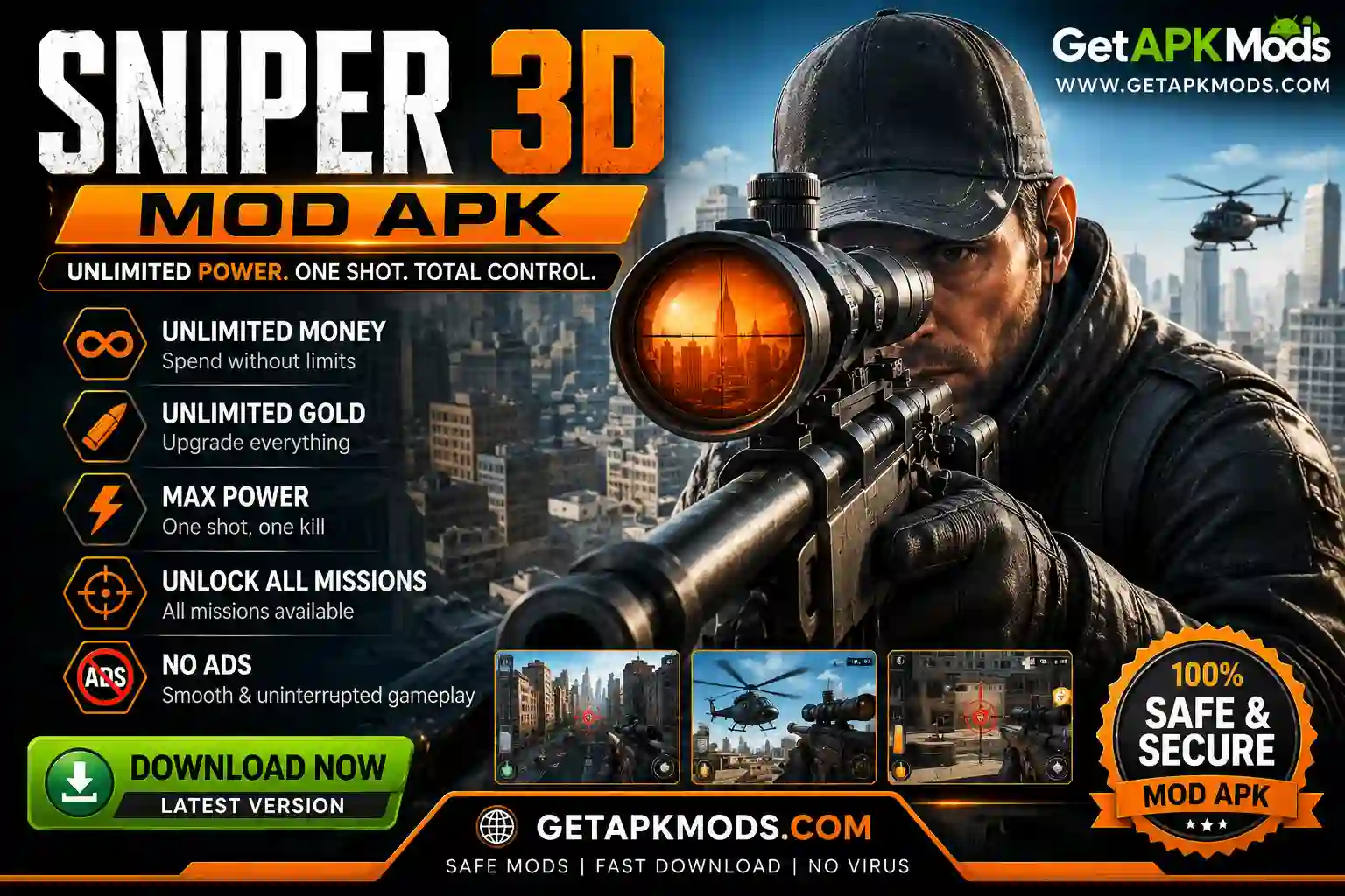Sniper 3D-style promotional image without explicitly displaying Unlimited Money / Unlimited Gold.
