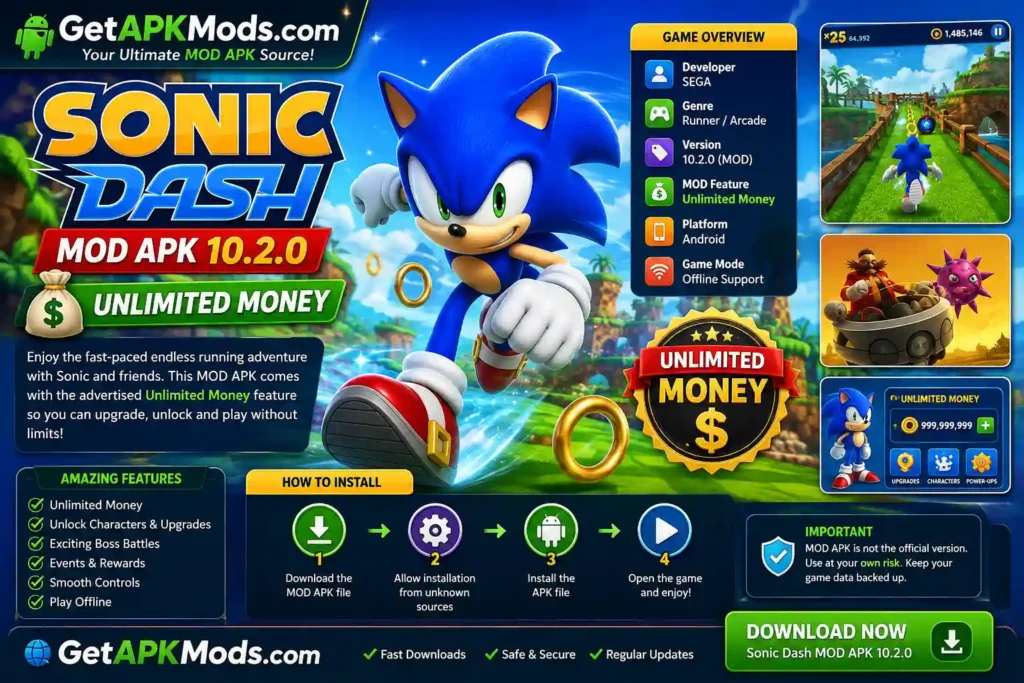 Sonic Dash MOD APK 10.2.0 with Unlimited Money, gameplay features, and installation steps on Android