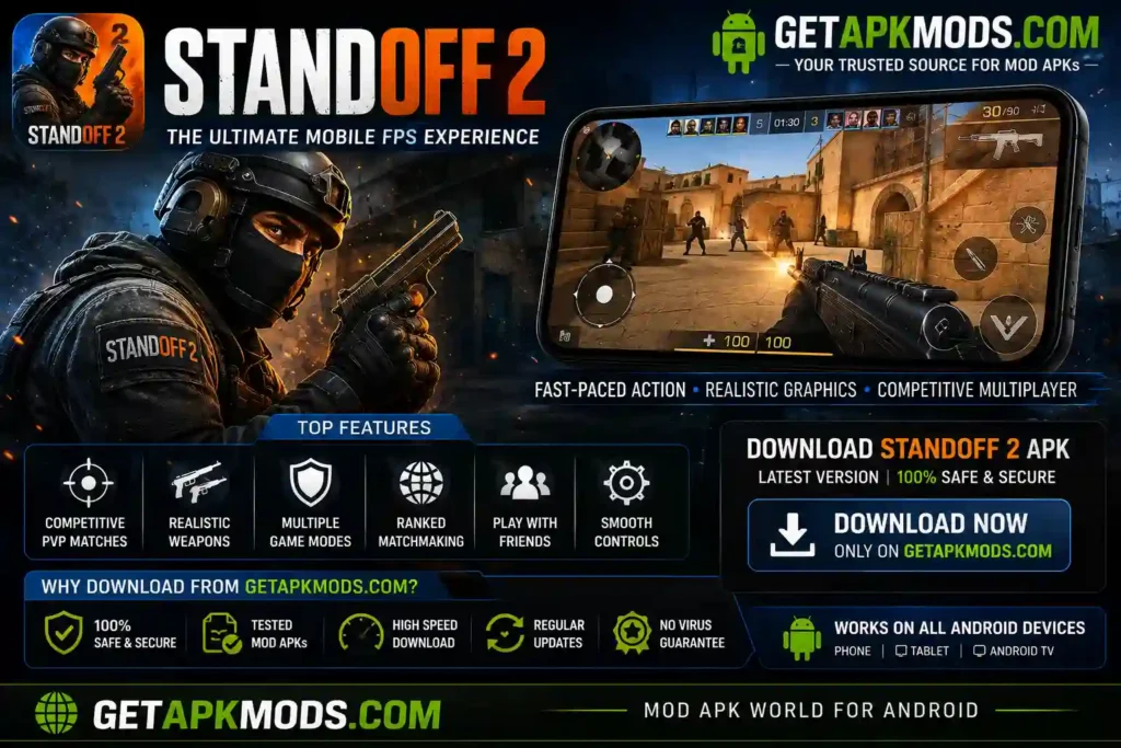 Standoff 2 Mod APK promotional banner featuring a tactical soldier, mobile FPS gameplay, competitive PvP matches, weapons, game modes, and GetAPKMods.com branding.