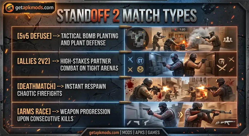 Standoff 2 match modes and descriptions infographic.