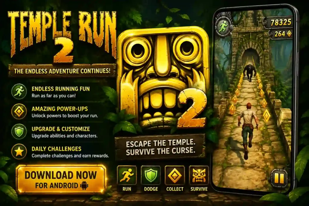 Promotional Temple Run 2 banner featuring the iconic golden temple idol, a smartphone displaying gameplay, jungle ruins, and highlights of the game's endless running adventure.