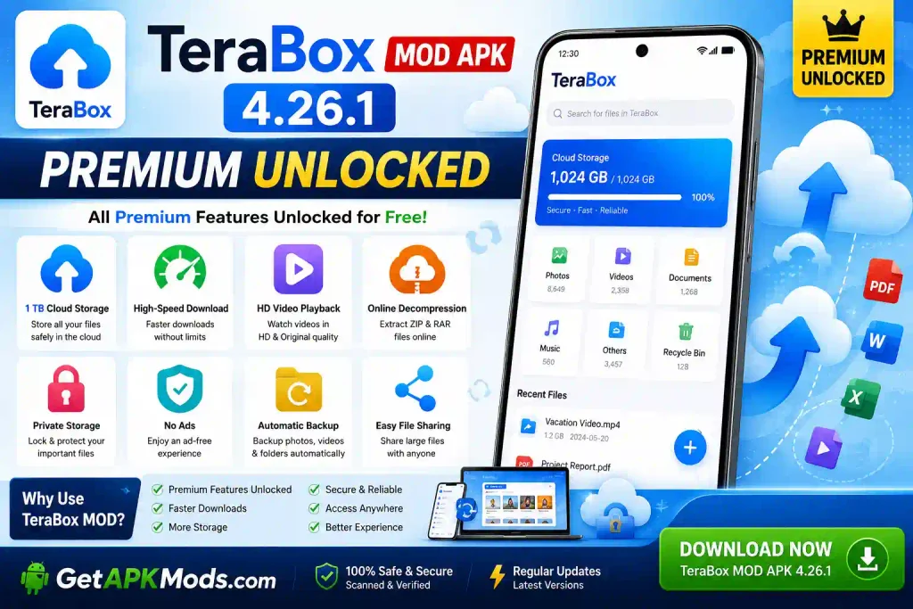 TeraBox MOD APK 4.26.1 with Premium Unlocked, cloud storage, fast downloads, HD playback, and file sharing features