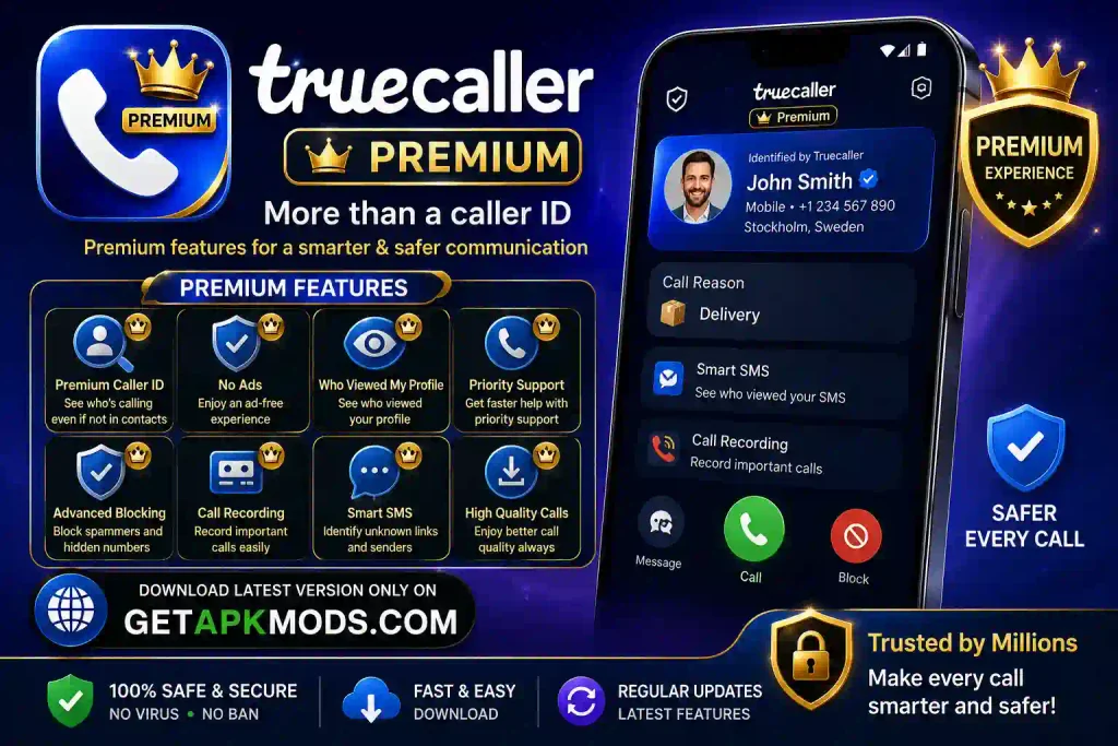 Truecaller Gold, Premium promotional banner showcasing caller ID, ad-free experience, profile views, priority support, advanced blocking, call recording, Smart SMS, high-quality calls, and GetAPKMods.com branding.