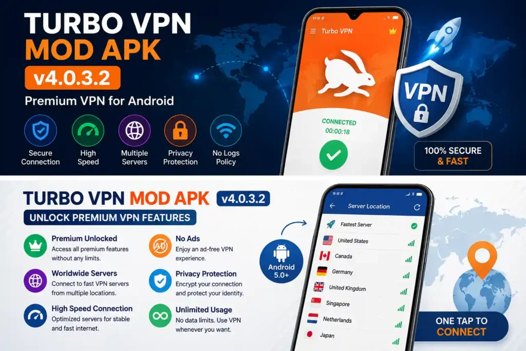 This image describe the descriptive features of Turbo VPN Mod APK v4.0.3.2