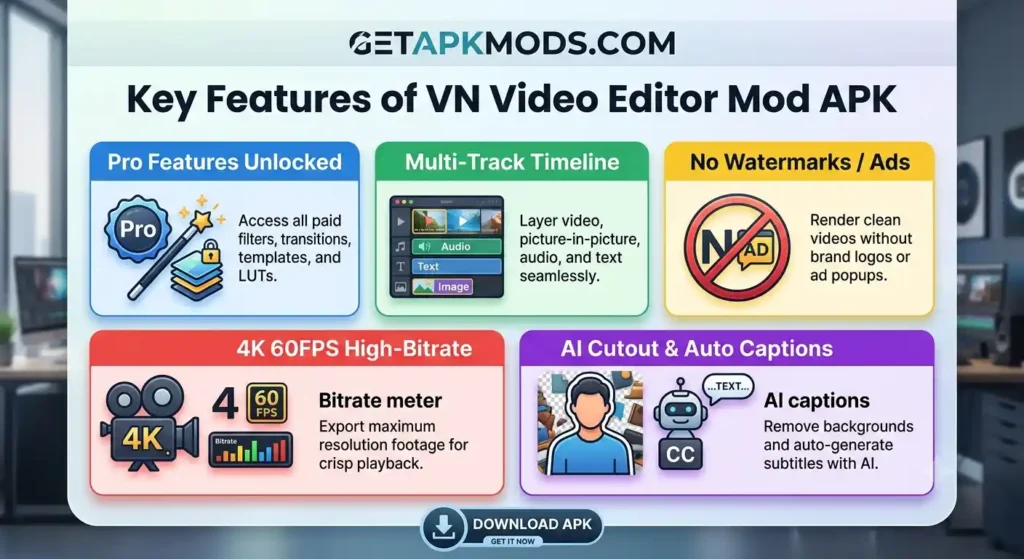An infographic highlighting five premium features of the VN Video Editor Mod APK, including: Pro Features Unlocked (all filters and templates), Multi-Track Timeline (layered editing), No Watermarks / Ads (clean rendering), 4K 60FPS High-Bitrate Export (crisp playback), and AI Cutout & Auto Captions (background removal and subtitles). Each feature has a specific icon and descriptive text. A 'Download APK' button is at the bottom against a blurred office background.