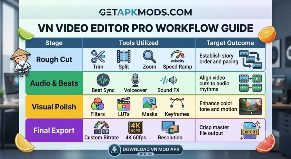 A detailed infographic table outlining the professional workflow for VN Video Editor. The guide is divided into four stages: Rough Cut (Trim, Split, Zoom, Speed Ramp), Audio & Beats (Beat Sync, Voiceover, Sound FX), Visual Polish (Filters, LUTs, Masks, Keyframes), and Final Export (Custom Bitrate, 4K 60fps, Resolution). Each stage lists tools and target outcomes for efficient video editing. The GETAPKMODS.COM header and a VN MOD APK download button are visible.