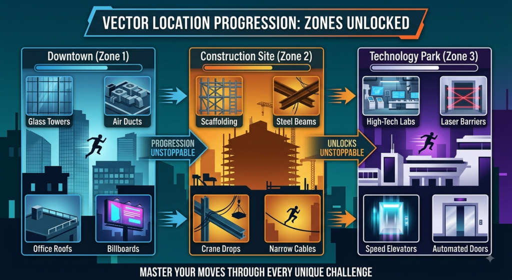 Flowchart showing game stages: Downtown, Construction, Tech Park.
