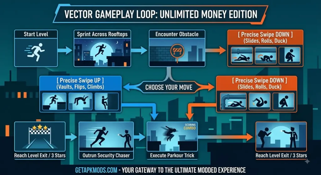 Flowchart of Vector parkour moves of Vector Mod apk.