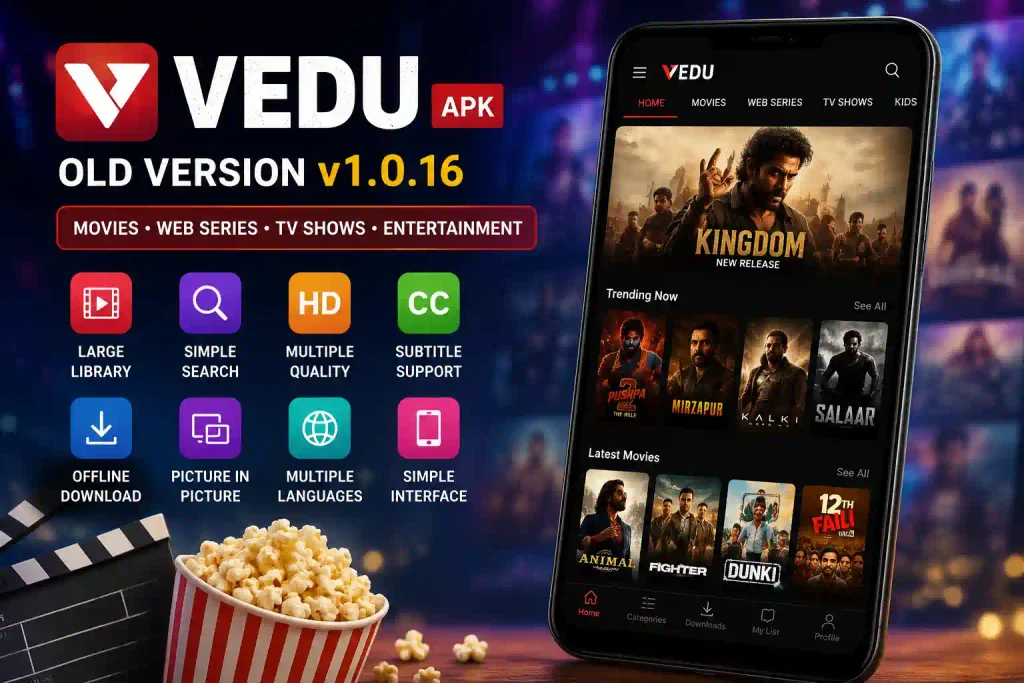 Vedu Old Version APK v1.0.16 streaming app interface with movies, web series, TV shows, and entertainment features