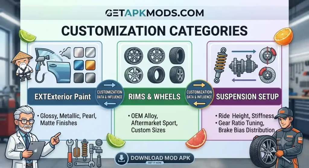 A detailed infographic for City Car Driving outlining its vehicle customization categories. It is divided into three key pillars: Exterior Paint (detailing finishes like Glossy, Metallic, Pearl, and Matte), Rims & Wheels (covering OEM Alloy, Aftermarket Sport, and Custom Sizes), and Suspension Setup (featuring adjustments for Ride Height, Stiffness, Gear Ratio, and Brake Bias). The diagram is supported by "CUSTOMIZATION DATA & INFLUENCE" arrows and features a tuning specialist and a driver, set against a workshop background. A download button is also shown.