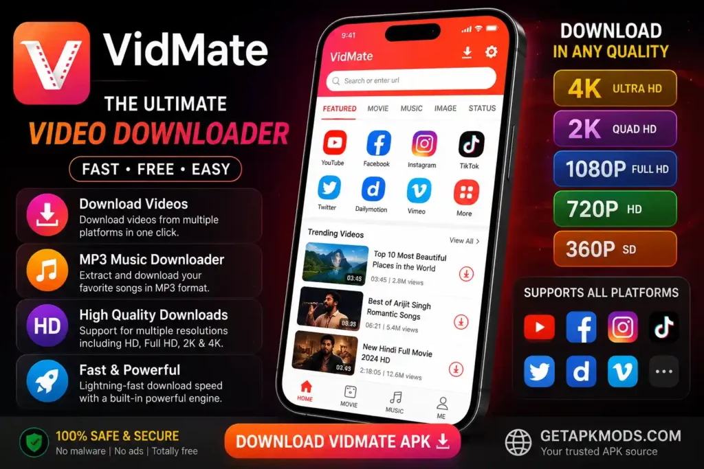 VidMate APK promotional image showing a smartphone with the VidMate interface, video and MP3 download features, HD to 4K quality options, supported platforms, and GetAPKMods.com branding.