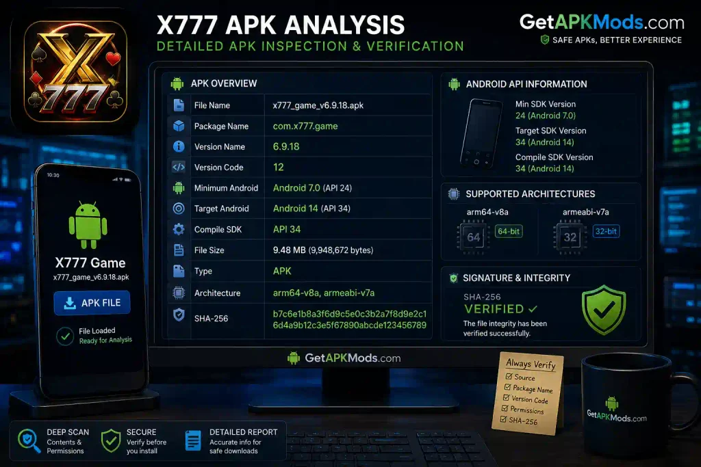 X777 Game APK technical analysis showing version 6.9.18 and Android compatibility details