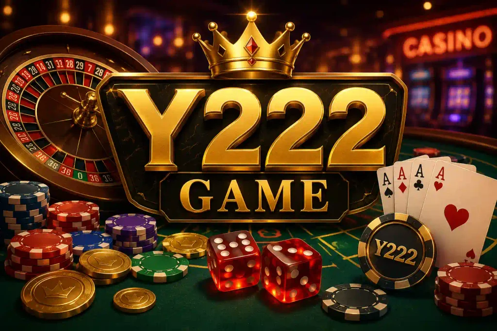 Y222 Game casino-themed image with roulette wheel, playing cards, poker chips, gold coins, and red dice on a green gaming table