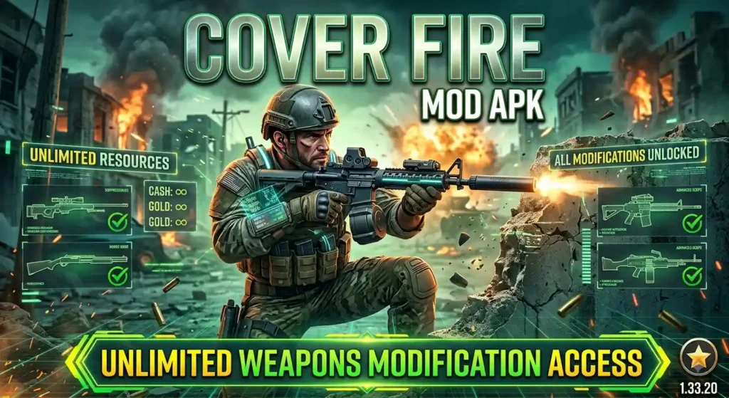 Cover Fire MOD APK featuring elite soldier in combat with unlimited money and all guns unlocked badge