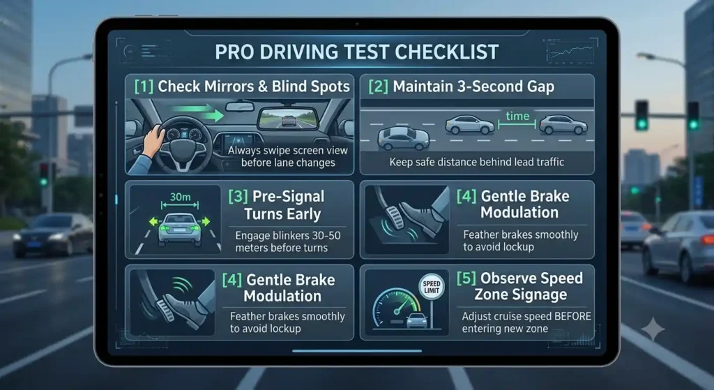 An iPad displays a detailed digital "PRO DRIVING TEST CHECKLIST" infographic with five illustrated points. From top to bottom: [1] Check Mirrors & Blind Spots (swiping action), [2] Maintain 3-Second Gap (distance from traffic), [3] Pre-Signal Turns Early (blinker timing), [4] Gentle Brake Modulation (brake feathering), and [5] Observe Speed Zone Signage (speed limit adjustment). A traffic scene is visible in the blurred background.