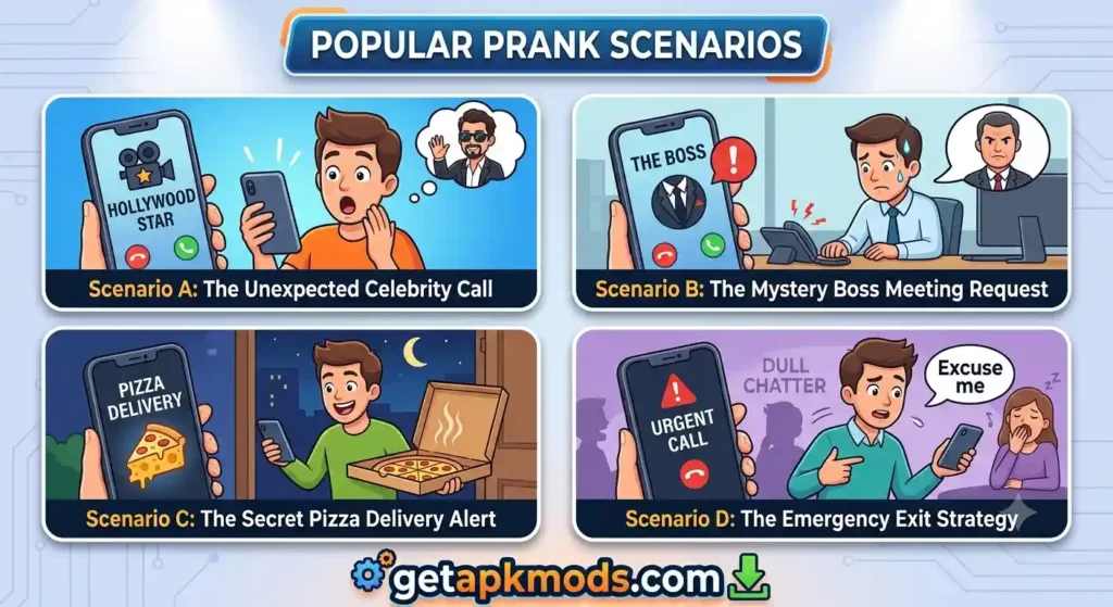 Popular prank scenarios infographic illustrating celebrity calls, boss meeting requests, pizza delivery alerts, and emergency exit strategies by getapkmods.com