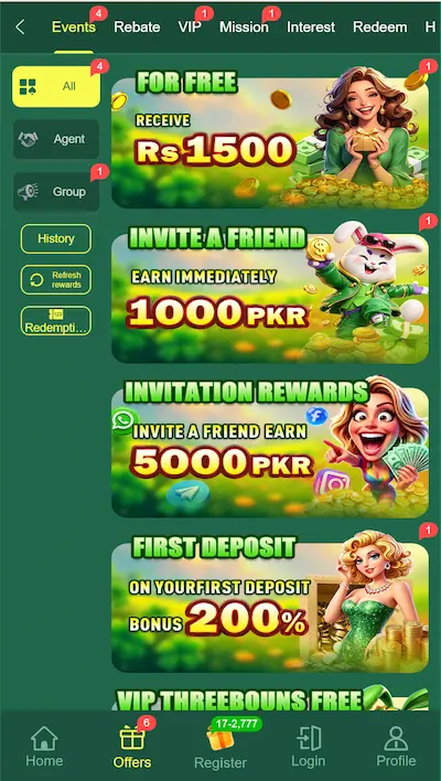 ZK777 Game mobile screenshot of offers showing Events 